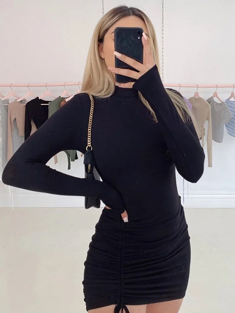 Long Sleeve Ruched Bodycon Dress Women Turtleneck Bandage Mini Dresses Autumn Black Skinny Stretchy Party Vestidos - Image 4