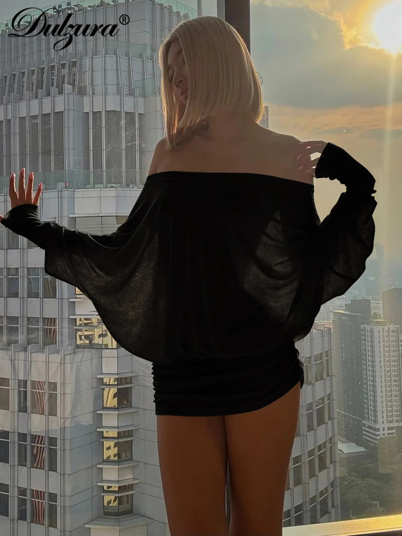 Dulzura Off Shoulder Long Sleeves Ruched Patchwork Mini Dress Women’S Sexy Elegant Casual Outfit Party Clubwear Spring Summer - Image 4