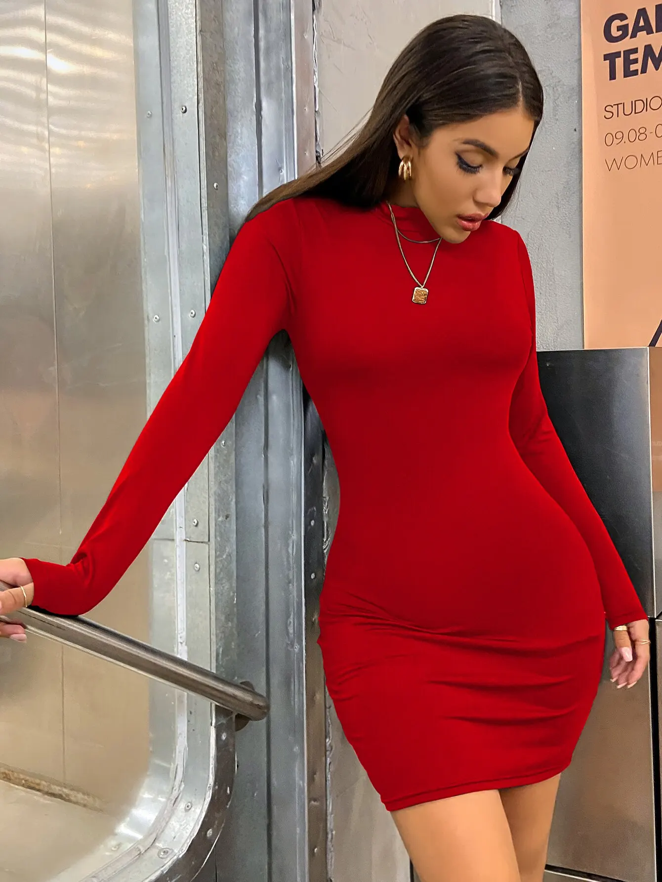 Long Sleeve Slim Bodycon Mini Dress Women Turtleneck Pleated Party Ruched Short Evening Club Outfit Soild Color - Image 2