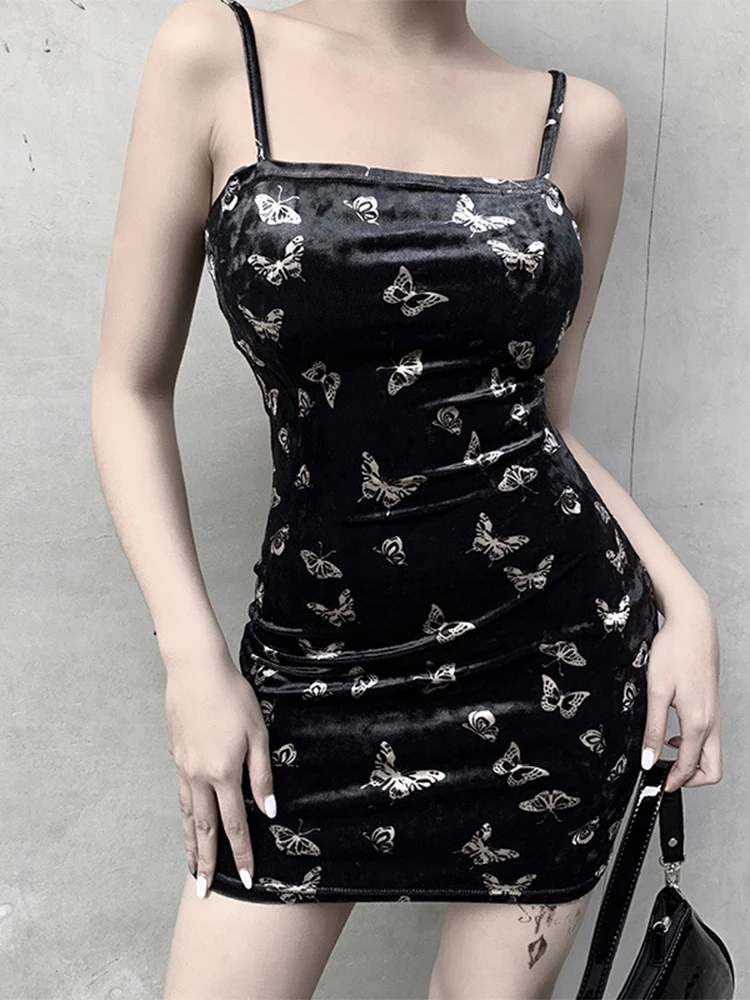 Harajuku Black Dress Women Gothic Spaghetti Strap Backless Off Shoulder Dresses Female Fashion Casual Print Sexy Dress - Image 2