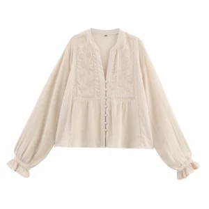 Women's Hollow Out Embroidery Long Sleeve Cropped Shirt - White