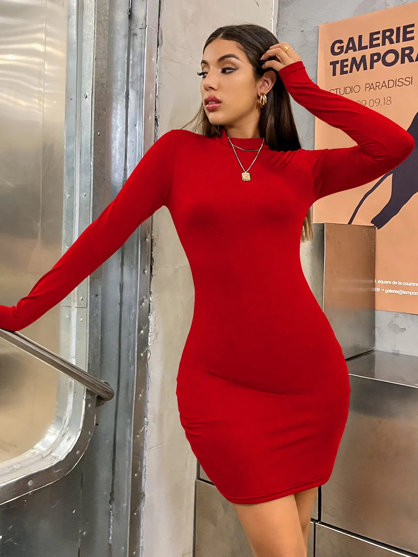 Long Sleeve Slim Bodycon Mini Dress Women Turtleneck Pleated Party Ruched Short Evening Club Outfit Soild Color - Image 4