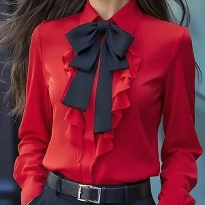 Women's Formal Shirt Collar Bow Tie Ruffles Long Sleeve Blouse