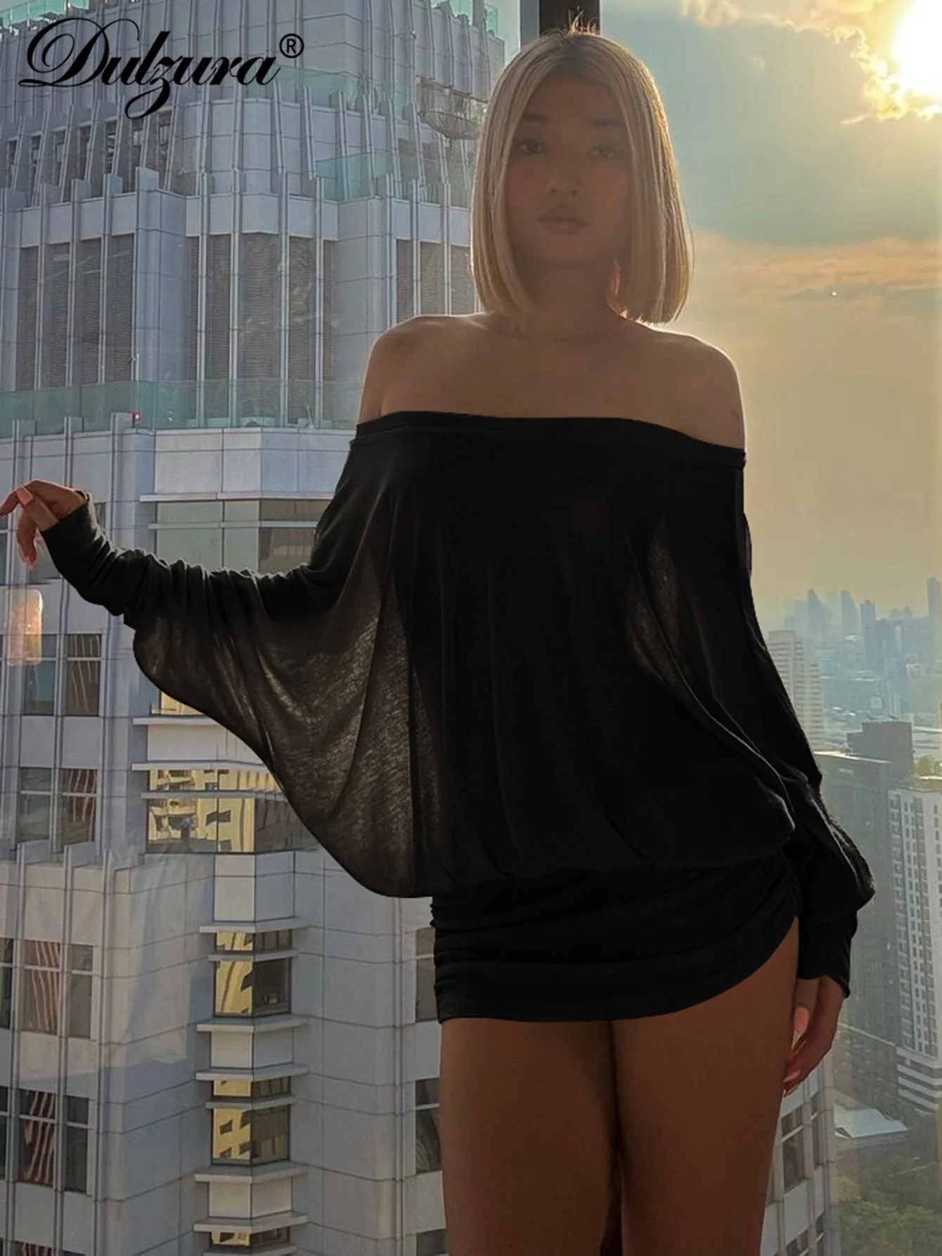 Dulzura Off Shoulder Long Sleeves Ruched Patchwork Mini Dress Women’S Sexy Elegant Casual Outfit Party Clubwear Spring Summer - Image 5